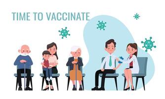 Arzt macht ein Injektion von Grippe Impfstoff zu Männer im Krankenhaus. Patienten sind warten im Linie. Gesundheitspflege, Coronavirus, COVID-19, Verhütung und immunisieren. vektor