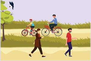 Menschen gehen, spielen, Reiten Fahrrad beim Stadt Park. Aktivitäten draußen Konzept farbig eben Vektor Illustration isoliert.