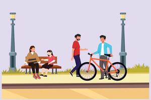 människor gående, spelar, ridning cykel på stad parkera. aktiviteter utomhus begrepp färgad platt vektor illustration isolerat.
