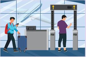 glücklich Menschen Reisen beim Flughafen. Konzept von Passagier Aktivitäten beim das Flughafen. farbig eben Vektor Illustration isoliert.
