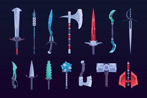 spel vapen. färgrik fantasi krigare slåss ge sig på ammunition kniv svärd mace sabel yxa stilett, tecknad serie gaming design element. vektor uppsättning