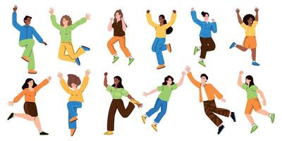 Lycklig Hoppar människor. tecknad serie team tecken fira tillsammans, grupp av glad vänner joggning glad tillsammans. vektor Lycklig firande personer uppsättning