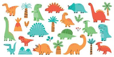 söt dinosaurie. förtjusande tecknad serie bebis dino, rolig barnslig liten djur- samling, scandinavian klotter dagis karaktär ClipArt. vektor uppsättning