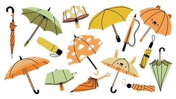 Herbst Regenschirm. Karikatur Regenmäntel Sonnenschirme und Regen Stiefel zum regnerisch kalt Wetter, bunt gefaltet und geöffnet saisonal Verschleiß. Vektor isoliert Design einstellen