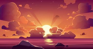 Karikatur Meer Sonnenuntergang Himmel. Ozean Strand Landschaft mit schwebend lila Wolken und schließen Ufer, Meer Sonne erhebt euch Hintergrund. Vektor Sonnenuntergang Paradies Aussicht Illustration