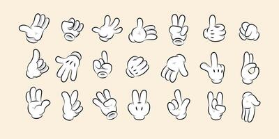 Karikatur Weiß Handschuhe. Hand Comic Gesten und Signale, retro Karikatur Charakter Arm Symbole, süß Hand Mauszeiger im verschiedene Posen. Vektor isoliert einstellen