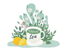Tee trinken Konzept. Weiß Tasse mit organisch Tee. Karikatur Becher mit Kräuter und Kamille und Zitrone. Frühstück Zeit vektor