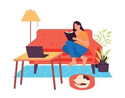 kvinnor läsa böcker. ung kvinna karaktär Sammanträde på soffa i mysigt Hem atmosfär. kvinna utgifterna fritid tid vektor
