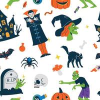 Halloween Muster. nahtlos drucken mit süß unheimlich traditionell Symbole zum Oktober Urlaub Dekor Verpackung, Karikatur gespenstisch endlos Hintergrund. Vektor Textur