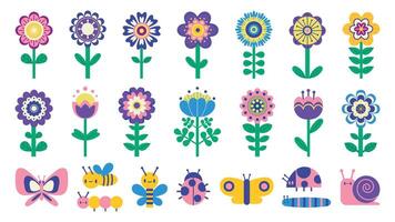 barn blommor och fjärilar. söt tecknad serie enkel blommor och buggar barn illustration, vår och sommar trädgård element ClipArt. vektor isolerat uppsättning