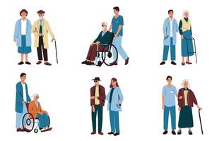 Alten Menschen Pflege. Gruppe von Senior Männer Frauen mit Sozial Freiwillige Hilfe, alt Zeichen mit assistiv Geräte auf Rehabilitation. Karikatur Vektor einstellen