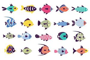 tropisk fisk. exotisk dekorativ hav djur, tecknad serie vatten- djur i akvarium, färgrik samling av fisk. vektor isolerat uppsättning