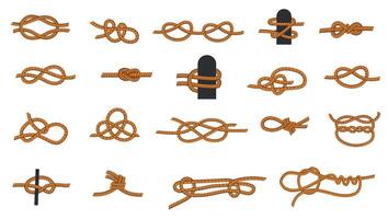 Knut typer. tecknad serie knölig rep med ties och trådar för segling och segling, åtta Knut och fyrkantsknut. vektor nautisk ikoner samling