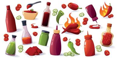 Karikatur heiß Soße. Mexikaner würzig Ketchup Wasabi Senf mit Chili Pfeffer, würzig Soße Essen Zutaten. Vektor isoliert einstellen