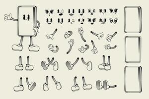 smartphone karaktär animering utrustning. tecknad serie mobil enhet ansikte och kropp delar för olika poserar, rolig maskot gester och uttryck. vektor telefon person isolerat uppsättning
