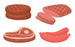 Karikatur Fleisch Lebensmittel. roh Produkt Zutaten wie Pastetchen, Steak und Würste zum Metzgerei speichern. organisch Fleisch vektor