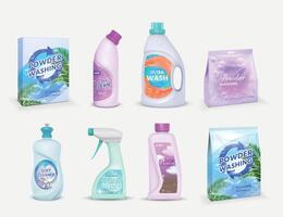 realistisch Haushalt Reinigung Produkt Paket mit Etikette Design Vorlagen. Waschmittel Pulver im Kasten, bleichen im Flasche, Desinfektionsmittel Vektor einstellen
