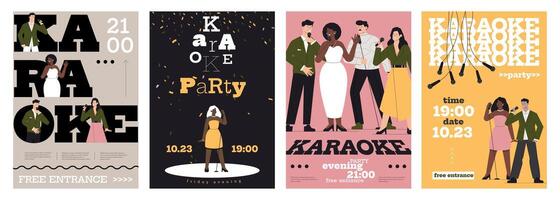 Karaoke Plakate. Karikatur Karaoke Banner mit Sänger und Mikrofon, retro Pop Musik- Konzert mit Sänger. Vektor Karaoke Performance einstellen