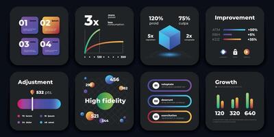 Infografik Karten. Geschäft Präsentation Attrappe, Lehrmodell, Simulation mit Diagramme Grafik Diagramm auf dunkel Hintergrund. Vektor modern einstellen