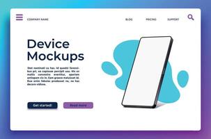 Landung Seite mit Smartphone Attrappe, Lehrmodell, Simulation. Handy, Mobiltelefon App Präsentation Banner mit 3d realistisch Telefon mit leeren Anzeige. Netz Design Vektor Vorlage