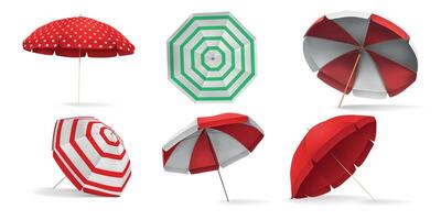 realistisk 3d hav strand paraply för Sol skydd. parasoll parasoll med vit röd Ränder topp och vinkel se. paraply för slå samman vektor uppsättning