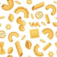 Karikatur Italienisch Pasta, Teig Essen nahtlos Muster. Makkaroni, Penne, Fusilli und Spiral- Formen. Küche Kochen Hintergrund Vektor Hintergrund