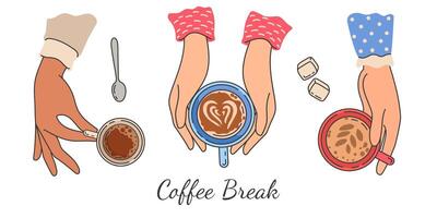 händer innehav kaffe koppar. topp se av kvinna hand innehar råna med varm morgon- dryck, latte och espresso. kvinnor vänner möte vektor affisch