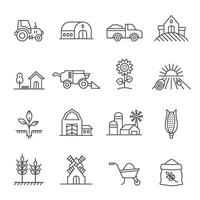 lantbruk linje ikoner med traktor, bruka hus, bil och fält. landsbygden byggnad, maskineri och organisk produkt. jordbruk ikon vektor uppsättning