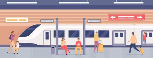 U-Bahn Plattform mit Personen. Passagiere auf Metro Bahnhof warten zum Zug. Stadt unter Tage Öffentlichkeit Eisenbahn Transport, eben Vektor Konzept