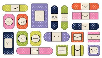 medicinsk plåster karaktär. söt tecknad serie barn bandage och tejp med ansikten och känslor för först hjälpa och nödsituation, läkare vård begrepp. vektor platt uppsättning