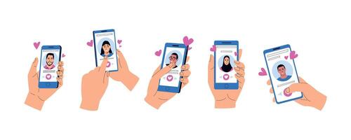 Hände mit Handy, Mobiltelefon Dating App. online Dating Anwendung zum Handy, Mobiltelefon Telefon mit wischen Schnittstelle, Männer und Frauen Hände mit Dating Plaudern Anwendung. Vektor Illustration