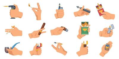 Hände mit Zigaretten. Karikatur Männer und Frauen halten E-Zigarette Geräte, modern elektronisch Zigarette Konzept mit Dampfen Flüssigkeit und Dampf. Vektor eben Banner einstellen