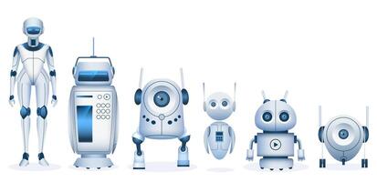tecknad serie robot. trogen droider och maskin med artificiell intelligens teknologi. realistisk barn leksak robotar och söt androider vektor uppsättning