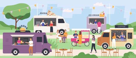Straße Essen Festival. Menschen Essen beim Sommer- draussen LKW Messe mit schnell Lebensmittel, Pizza und Eis Sahne Lieferwagen, Popcorn Wagen. eben Vektor Park Veranstaltung