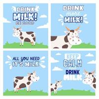 trinken Kuh Milch. Plakate mit ländlich Landschaft, Feld, Kühe, spritzt und Trinken Milch Zitate. Bauernhof Tier und Molkerei Produkt Vektor Banner
