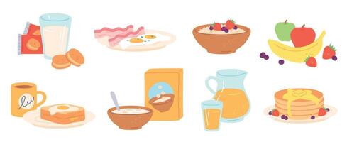 Frühstück Mahlzeit. Morgen Mittagessen trinken und Essen gesund Frucht, Eier und Speck, brot, Haferbrei, Müsli und Milch, Pfannkuchen. Mittagessen Vektor einstellen
