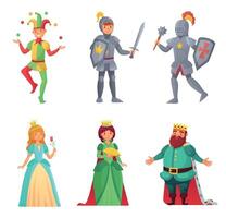 Märchen Figuren. historisch mittelalterlich Menschen, König und Königin, Prinzessin und Ritter, Narr. Frau und Mann von Mitte Alter vektor