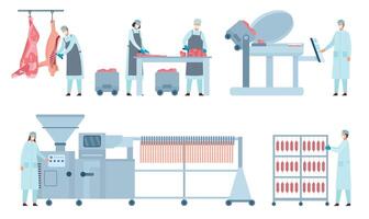 nötkött korvar produktion bearbeta stadier i fabrik med arbetare. boskap kött Produkter industri och tillverkning linje maskin vektor uppsättning
