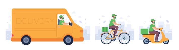 Essen Lieferung Transport. Kurier im Maske liefern Waren Fahrt LKW, Fahrrad und Motorrad. covid sicher Versand Bedienung zu heim, Vektor Konzept
