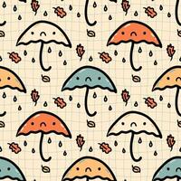 weben nahtlos Muster mit Gekritzel Regenschirme und Blätter auf trippy Gitter Hintergrund. perfekt Herbst Design zum Papier, Textil- und Stoff. Hand gezeichnet Vektor Illustration.