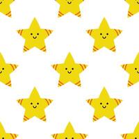vektor sömlös mönster med söt barnslig stjärnor. gul leende stjärnor med ansikte på vit bakgrund. rolig bebis stjärnor. omslag eller tapet design.