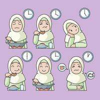 ramadan aktivitet flicka vektor konst. islamic aktiviteter i dagligen. tecknad serie karaktär för barn