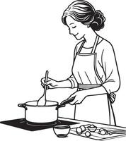 kvinna matlagning på Hem teckning. vektor