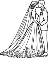 brudgum och brud bröllop linje teckning. vektor