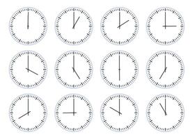 analog cirkel klocka visa tid varje timme ikon. platt Kolla på ansikte med 12 Klockan, timer animation. vägg klockor ett till tolv timmar vektor uppsättning