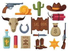 wild Westen Sammlung. Karikatur Symbole mit Cowboy Hut Kaktus Dynamit Rodeo Kuh Sattel Sheriff Stern, süß Cowboy Western Aufkleber. Vektor isoliert einstellen