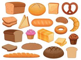 tecknad serie bröd. ljuv bakverk bulle, cupcake, croissant och munk. spannmål limpa, rostat bröd skiva, bagel, franska baguette och bageri produkt vektor uppsättning