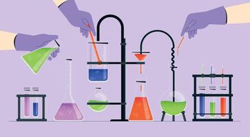kemisk laboratorium Utrustning. kemist verktyg och reagenser, kemisk forskning och biologisk experimenterande bearbeta. vektor platt uppsättning