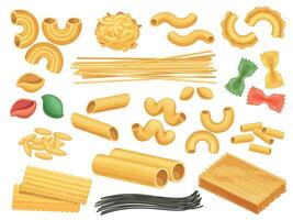 Karikatur Weizen Pasta Produkte, Nudeln, Fettuccine und schwarz Spaghetti. Italienisch Küche Teig Essen, conchiglie, Spiral, Penne Art Vektor einstellen