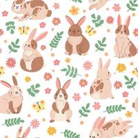 söt tecknad serie sömlös mönster med kanin, blomma och fjäril. vår blommig bakgrund med påsk kanin. barnslig djur vektor skriva ut